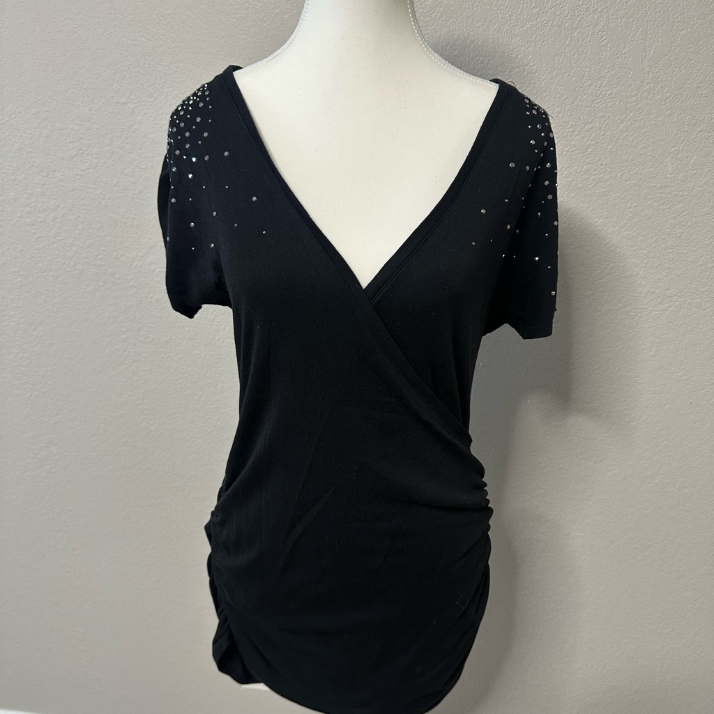 Express Black Embellished Wrap Blouse